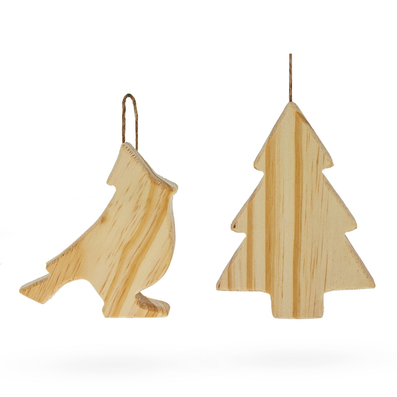 Set of 2 Unfinished Unpainted Wooden Bird and Christmas Tree Ornaments Cutouts DIY Craft 4.5 Inches